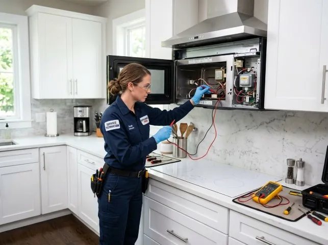 Appliance Repair Hero technician testing an over-the-range microwave in a Acra, NY kitchen